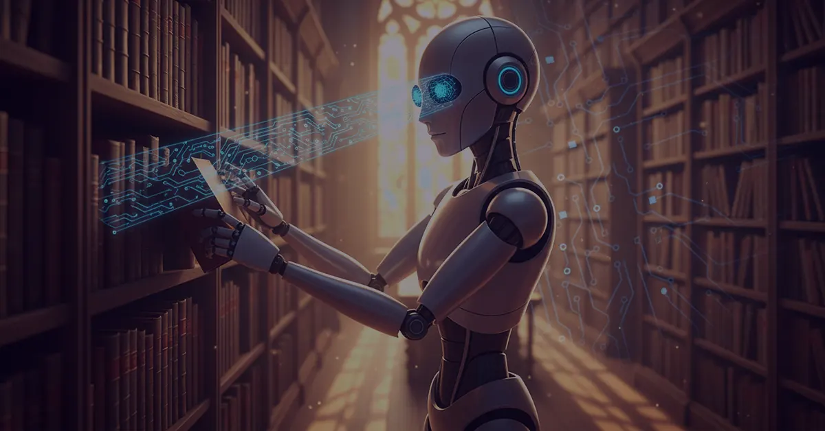 Robot skanujący książki w bibliotece za pomocą świetlnego panelu - sumuje zebrany materiał w cykl „GEO-metria”