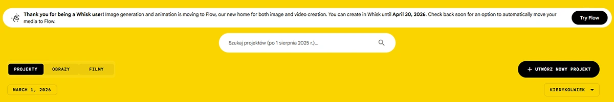 Powiadomienie z Google Labs o przenosinach funkcji generatora obrazów Whisk do Google Flow od 30 kwietnia 2026