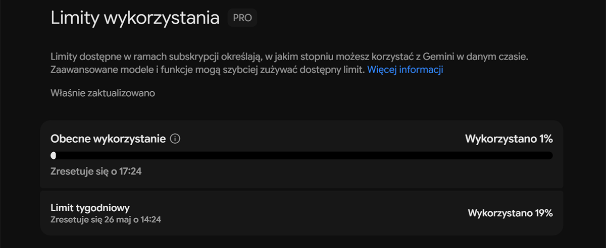 Licznik zużycia zasobów w Google Gemini