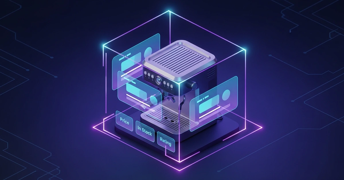 Widok ekspresu do kawy oczami robota Google: na urządzenie nałożone są cyfrowe ramki z danymi strukturalnymi Schema.org